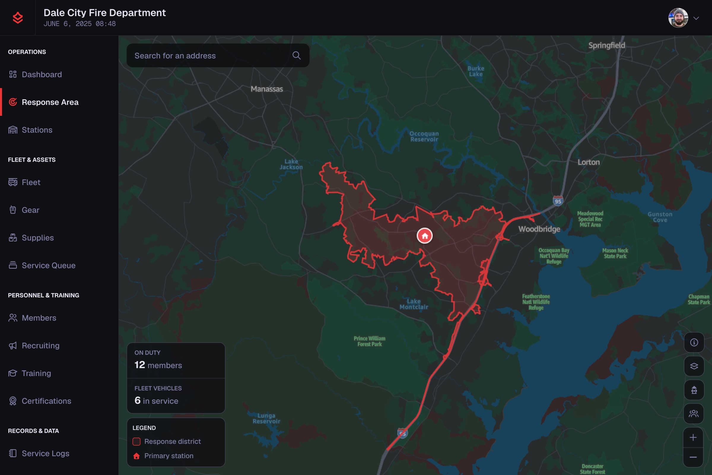 The DutyOS Response Area dashboard showing a coverage map and on-duty stats for the Dale City Fire Department.